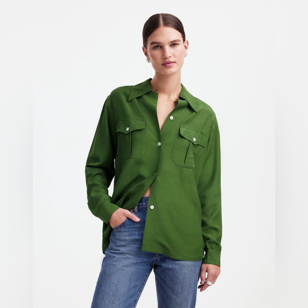 NWT Alexa Chung for Madewell Pleat-Pocket Button-Up Shirt- Dark Pine